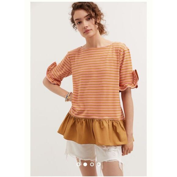 Anthropologie Maeve Top Womens Size Large Ruffle Peplum Blouse L Stripe - Picture 1 of 8